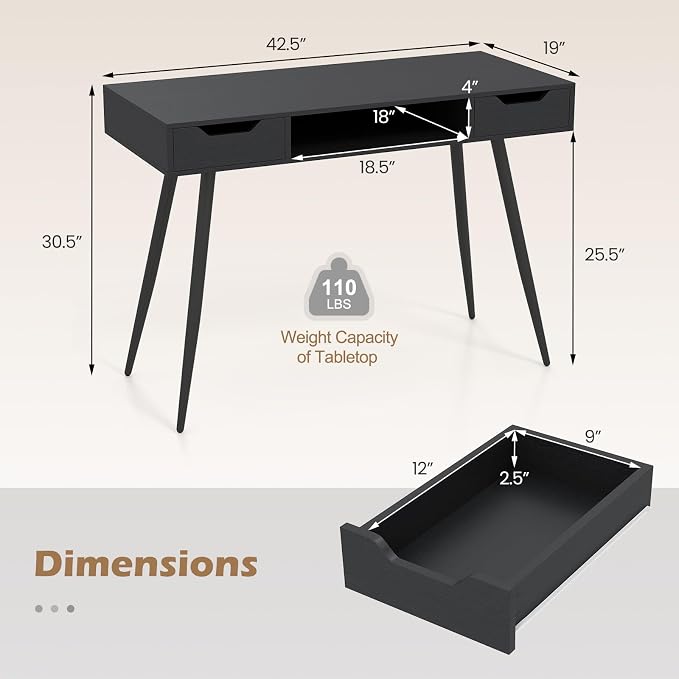 Tangkula Mid Century Modern Computer Desk, Writing Desk with 2 Drawers & Open Center Storage, Small Wooden Study Table for Home Office & Compact Spaces (Black)