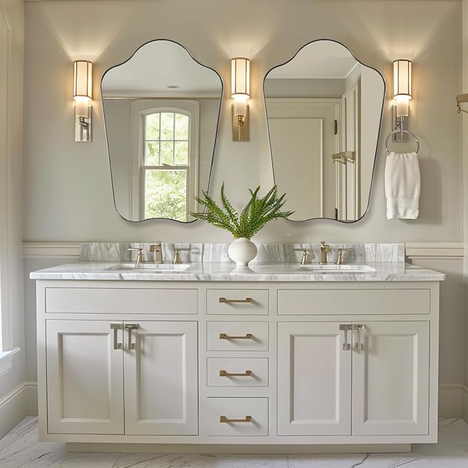 ANDY STAR Brushed Nickel Bathroom Mirror, 24x36 Scalloped Wall Mirror for Vanity, Asymmetrical Shaped Mirror for Entryway, Bedroom, Anti-Rust Stainless Steel Frame
