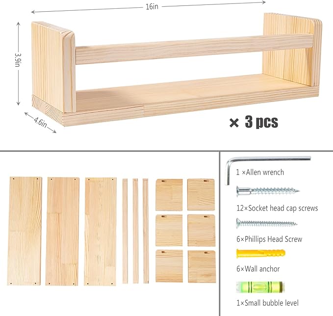 AZSKY Floating Nursery Book Shelves for Wall Set of 3, Wood Bookshelf for Kids Room, Small Bookshelf Wall Mounted for Baby Teen Boys Girls Bedoom Bathroom Decor Storage