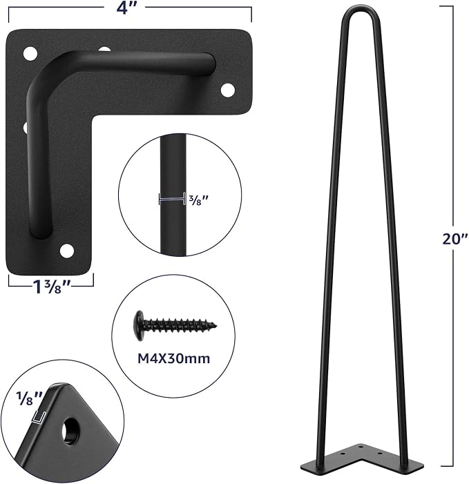 SMARTSTANDARD 20 Inch Heavy Duty Hairpin Furniture Legs, Metal Home DIY Projects for Nightstand, Coffee Table, Desk, etc with Rubber Floor Protectors Black 4PCS
