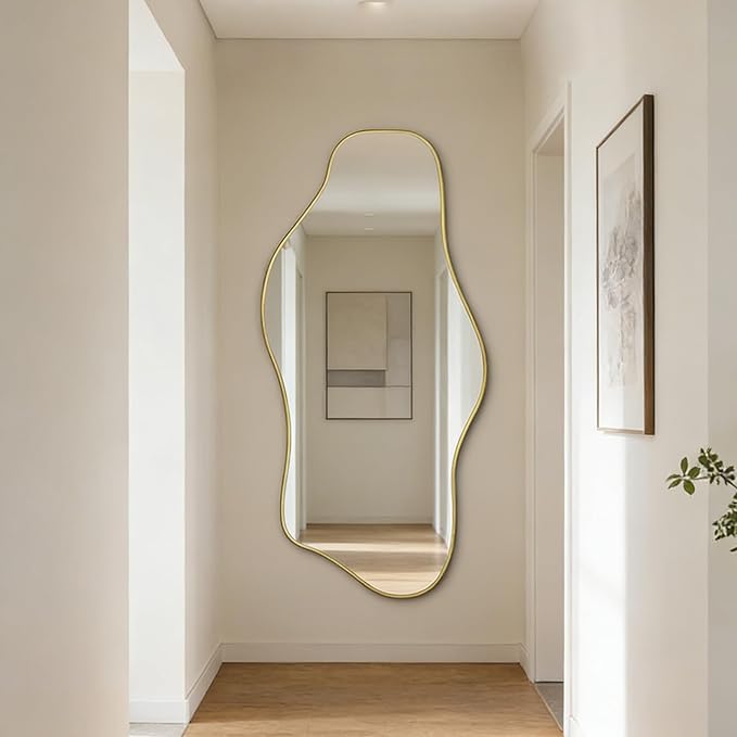 Large Irregular Frameless Mirror, 63"x30" Asymmetrical Full Length Mirror for Dressing, Gold Modern Abstract Tempered Glass Mirrors for Living Room Bathroom Bedroom Hallway Entryway
