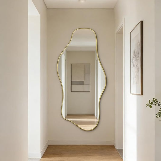 Large Irregular Frameless Mirror, 63"x30" Asymmetrical Full Length Mirror for Dressing, Gold Modern Abstract Tempered Glass Mirrors for Living Room Bathroom Bedroom Hallway Entryway