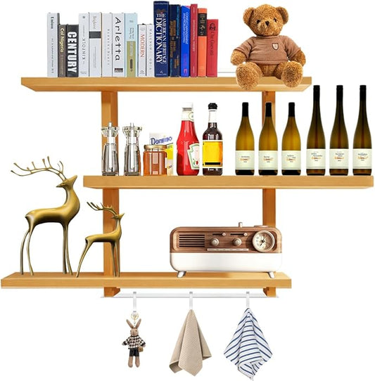 Wall Shelves，Variable Wood Floating Shelves of 3 Tier，Solid Oak Wall-Mounted Shelves for Bathroom, Living Room & Farmhouse Decor ，Easy Install Rustic Wood Floating Shelves