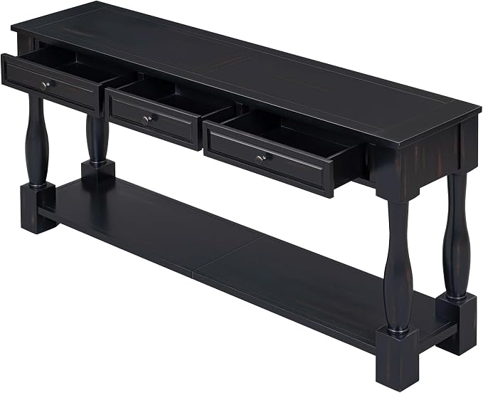 merax LUMISOL 64 inch Long Console Table with 3 Drawers and Bottom Shelf, Sofa Table Entryway Table for Hallway, Living Room, Easy Assembly (Distressed Black)