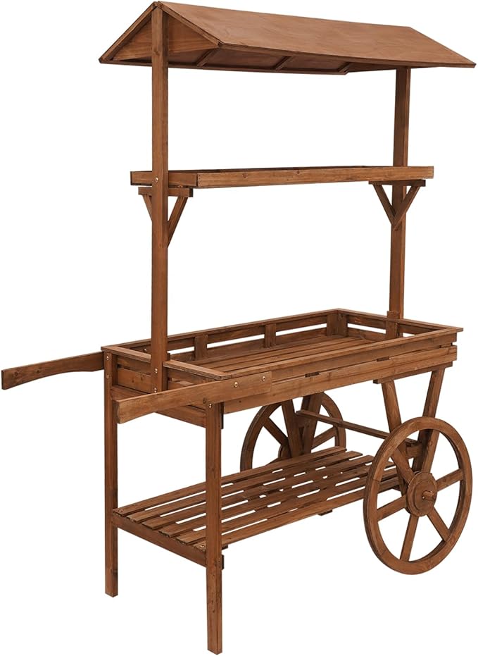 3-Tier Retro Flower Display Cart, Rolling Plant Stand Cart 55lbs Capacity, Wooden Tiered Shelf with Wheels for Indoor Plants, Flowers, Home Decor (Brown)