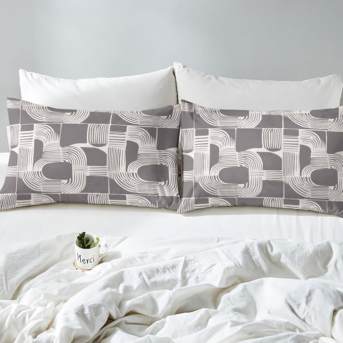 Erosebridal Mid Century Teens Duvet Cover 3 Piece Bohemian Ethnic Bedding Set Full Size Boho Geometric Comforter Cover for Kids Boys Adult Bedroom Modern Simple Gray Stripes Bed Sets