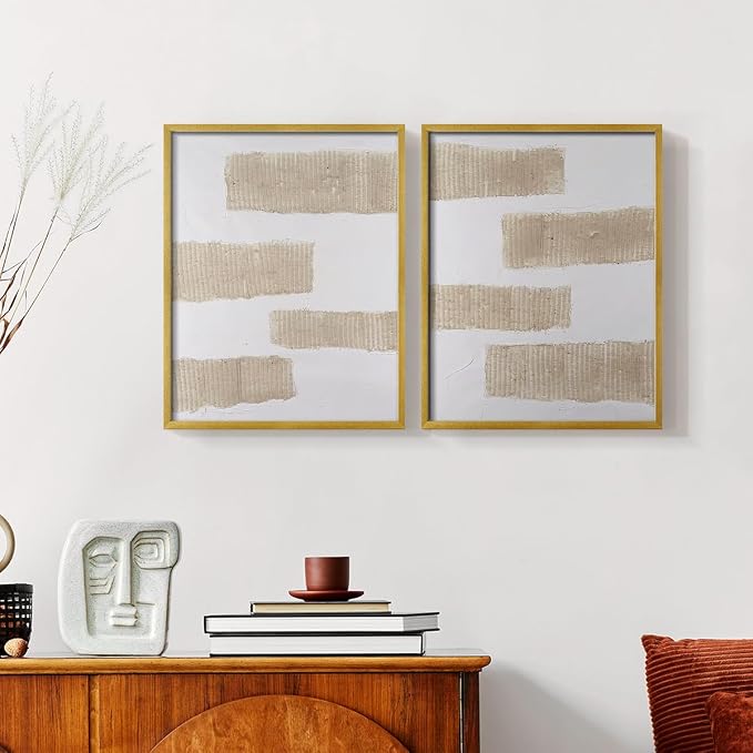 Renditions Gallery Set of 2 Peel & Stick Framed Prints, Modern Abstract Wall Art, Textured Brush Strokes Wall Decor, Re-Stickable - Ready to Hang - 16"x20" - GOLD Frame LT588