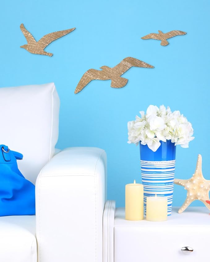 Putuo Decor 3 Pcs Wooden Seagull Wall Decor Beach Nautical Coastal Wall Sculpture Self-adhesive Lake House Ocean Decor Vintage Ornaments for Home Bathroom