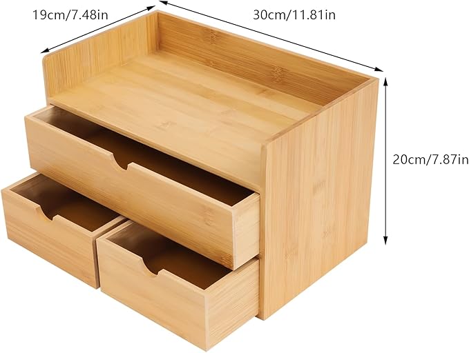 Bamboo Desk Organizer Small Retro Bamboo Tabletop Storage Box with Drawers& Recess Handles for Office Home Supplies Table Storage Collector 12 * 7.87 * 8.27in (3 Drawers/1 Top&2 Bottom)