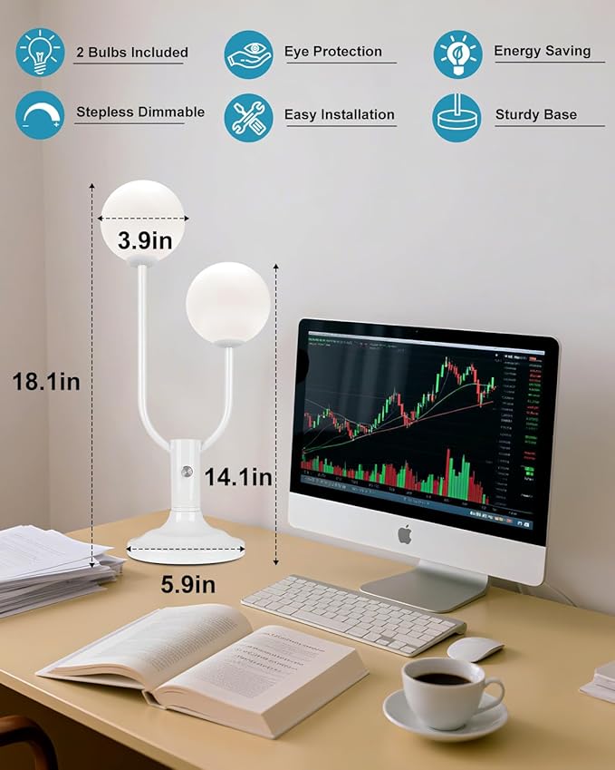 Lightdot Globe Table Lamp for Bedroom Mid Century Modern White Small Desk Lamp Dimmable 3000K Warmwhite Nightstands Lamp Bedside Table Lamp for Living Room Home Office(G9 Bulbs Included)