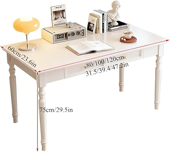 Mid Century Modern Desk, Rubber Wood Desks with Drawers, Solid Wood Computer Workstation with Carved Legs, Simple Style Writing Table (White, 39.4 * 23.6 * 29.5in)