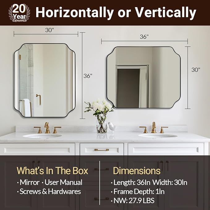ANDY STAR 30x36 Inch Bathroom Mirror, Matte Black Vanity Mirror, Modern Scalloped Mirror in Premium Stainless Steel Metal Thin Frame, Unique Rounded Notched Corners, Hangs Vertically or Horizontally