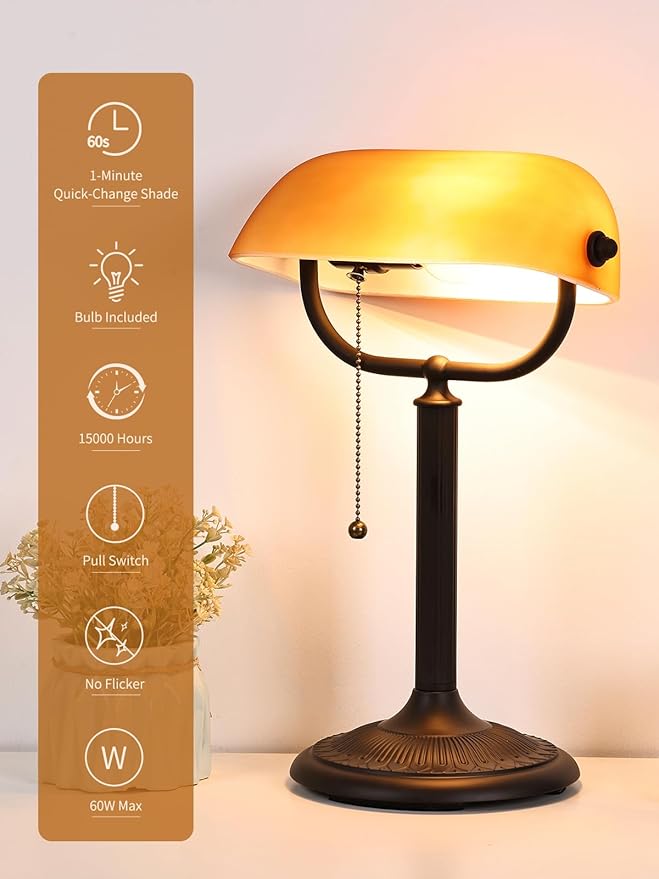 1-Minute Quick-Change Shade Antique Matted Amber Glass Bankers Desk Lamp,Plug in Fixture for Study, Office, Library,LED Bulb Included