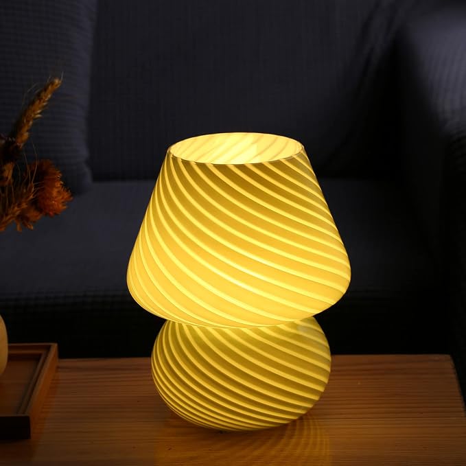 BSOD Mushroom Lamp, Glass Bedside Night Green Table Lamps Murano Vintage Small Nightstand Desklamp Swirl Light for Home Decor, Living, Bedroom, Gift (Stripe Green)