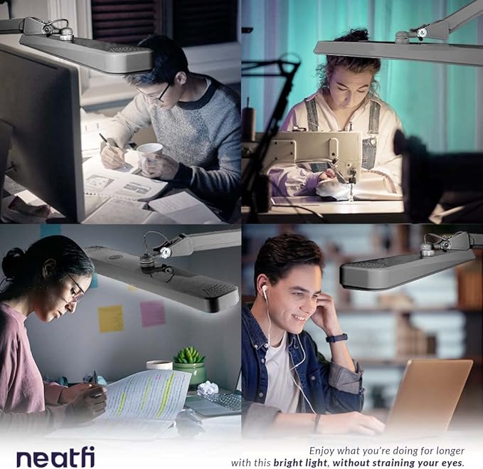 Neatfi Task Lamp – 2,500 Lumens, 30W, 22-Inch Wide Shade, 4 Brightness Levels, Eye-Caring Light, Clamp Mount, LED Task Light for Manicure Table, Crafts, Workbench, Office (Non-CCT, Silver)
