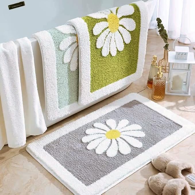 Bathroom Rugs Mat, White Flower Bath Rugs Fluffy Soft Superfine Fiber Non Slip Plush Machine Wash Bath Mat (16"×24", Gray)