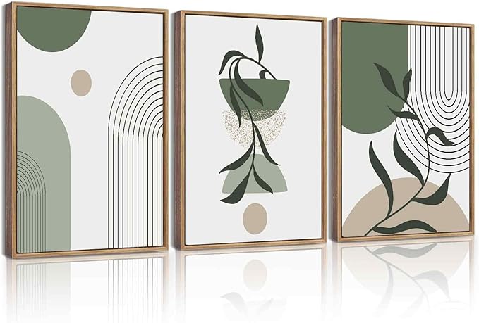 KUVIOKE Boho Wall Art Framed Botanical Modern Wall Printing Green Neutral Abstract Geometric Prints Bohemain Sage Decor for Farmhouse Living Dining Room 12x16in (Natural Framed)