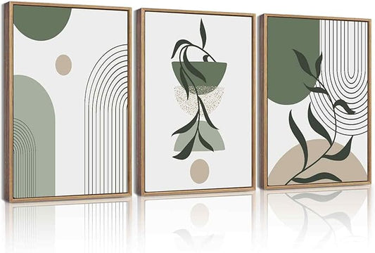 KUVIOKE Boho Wall Art Framed Botanical Modern Wall Printing Green Neutral Abstract Geometric Prints Bohemain Sage Decor for Farmhouse Living Dining Room 12x16in (Natural Framed)