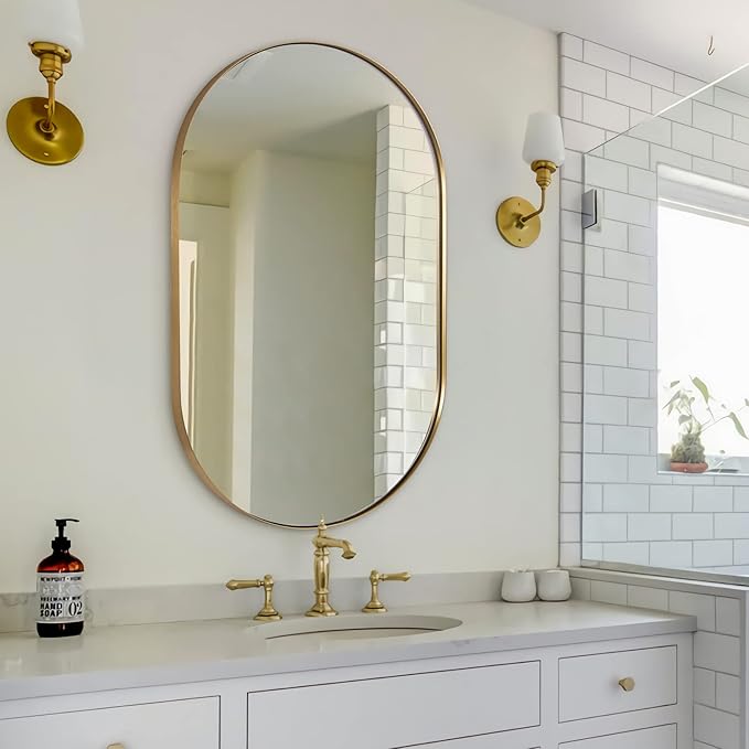 ANDY STAR 26x38 Inch Gold Oval Mirror, Oval Brass Mirror Pill Shaped Stainless Steel 1’’ Deep Metal Frame Wall Mounted Vertically & Horizontally Ideal for Limited Space