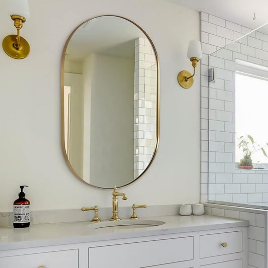 ANDY STAR 26x38 Inch Gold Oval Mirror, Oval Brass Mirror Pill Shaped Stainless Steel 1’’ Deep Metal Frame Wall Mounted Vertically & Horizontally Ideal for Limited Space