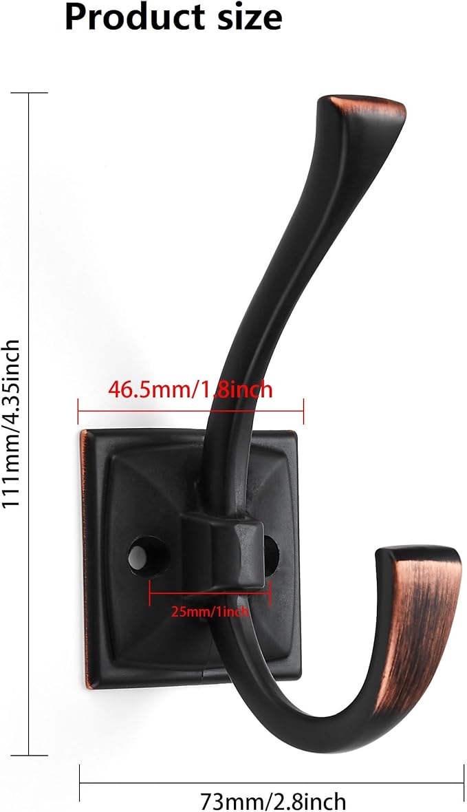 3 Pack Decorative Heavy Duty Towel Hooks for Hanging Robe Double Oil Rubbed Bronze Coat Hooks Wall Mounted with Screws for Key, Towel, Bags, Cup, Hat