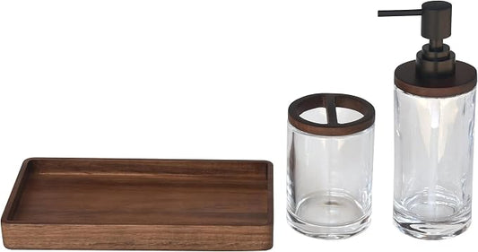 Acacia Wood and Glass Bathroom Accessory Set, 3 Piece Set, Soap Dispenser, Toothbrush Holder and Tray Included