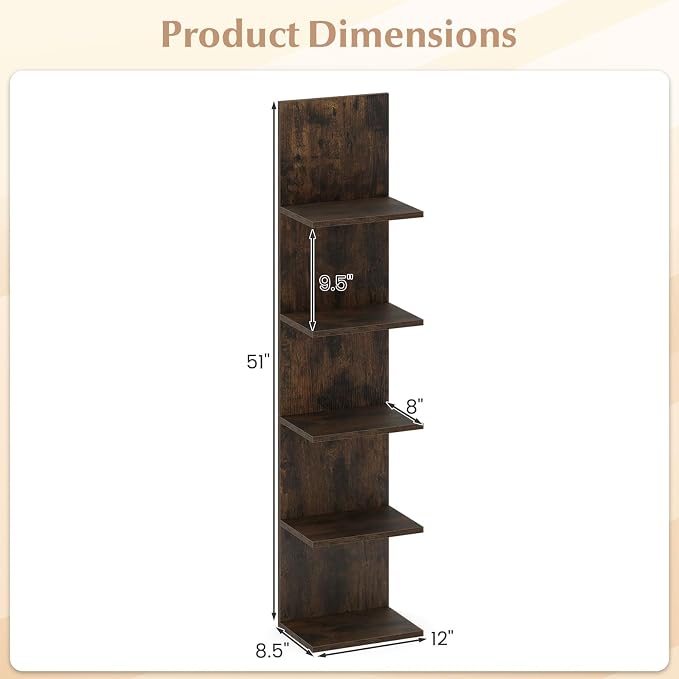 LOKO 5-Tier Wall Shelf, Vertical Column Storage Organizer with Expansion Screws, Decorative Wall Mounted Shelving, Floating Wooden Display Shelf for Living Room, Kitchen, Bathroom (1,Rustic Brown)