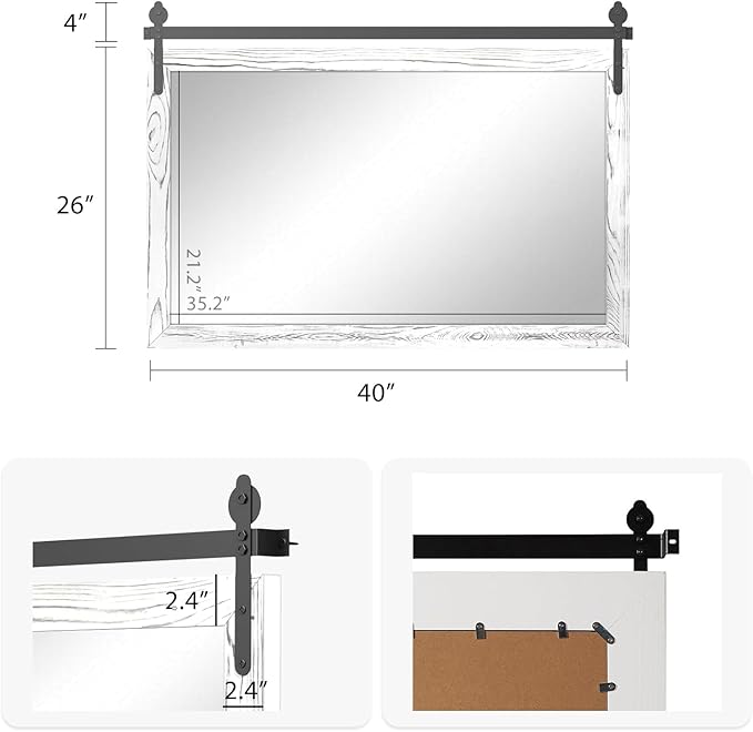 YOSHOOT Farmhouse Barn Door Mirror, 40"x26" Rustic Wood Framed Wall-Mounted Vintage Mirror, Wooden Farmhouse Style for Bathroom, Living Room, Entryway, White, Horizontal Hanging Only
