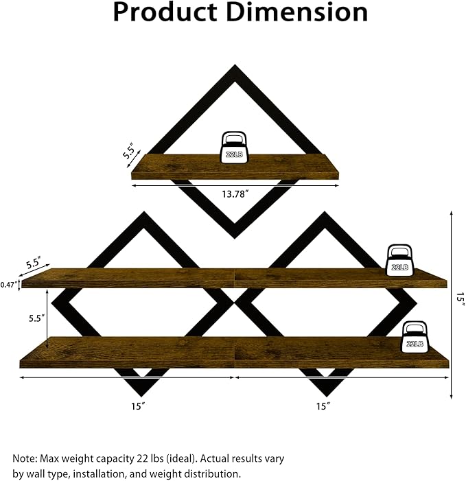 Geometric Floating Shelves Set of 3, Decorative Rustic Wall Shelves for Living Room, Bedroom & Bathroom, Wood & Metal Farmhouse Wall Mounted Display Shelves for Plants, Picture Frames & Small Decor