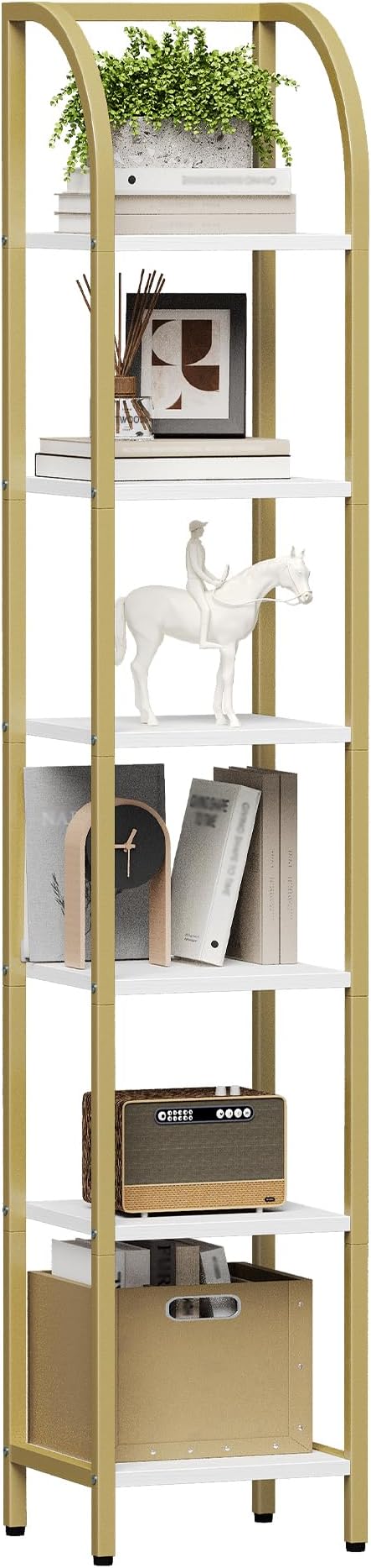 Hzuaneri Bookshelf Bookcase Narrow Bookcase Shelf Organizer with Steel Frame for Study Living Room Bedroom Kitchen Home Office Industrial Bookshelf 6-Tier White Gold BC56013A