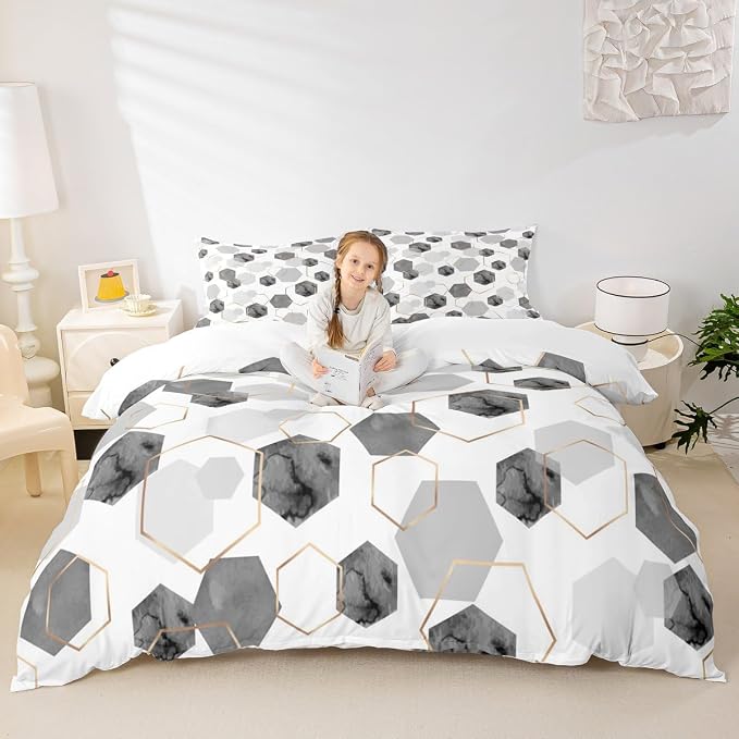 Erosebridal Grey Modern Duvet Cover Twin - Marble Geometric Minimalist Bedding Set, Fresh Abstract Geometric Art Decor Bed Set for Boys Girls Watercolor Hexagon Bed Cover with 1 Pillowcase
