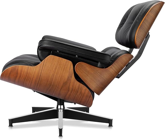 Top Black Grain Leather Mid Century Chaise Lounge Chair with Ottoman, Recliner Chaise Lounge, Modern Accent Chair for Living Room Office (Light Walnut)