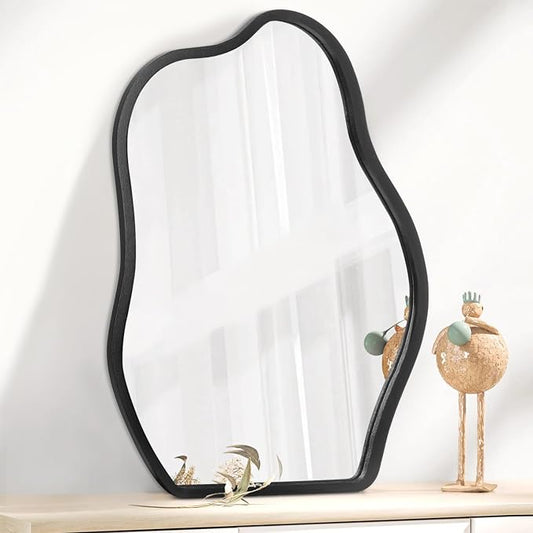 Asymmetrical Wood Frame Mirrors for Wall Oval Hanging Mirror Unique Irregular Modern Mirror for Entryway Hallway Living Room Bedroom Vanity Decorative Artistic Wall Mirror
