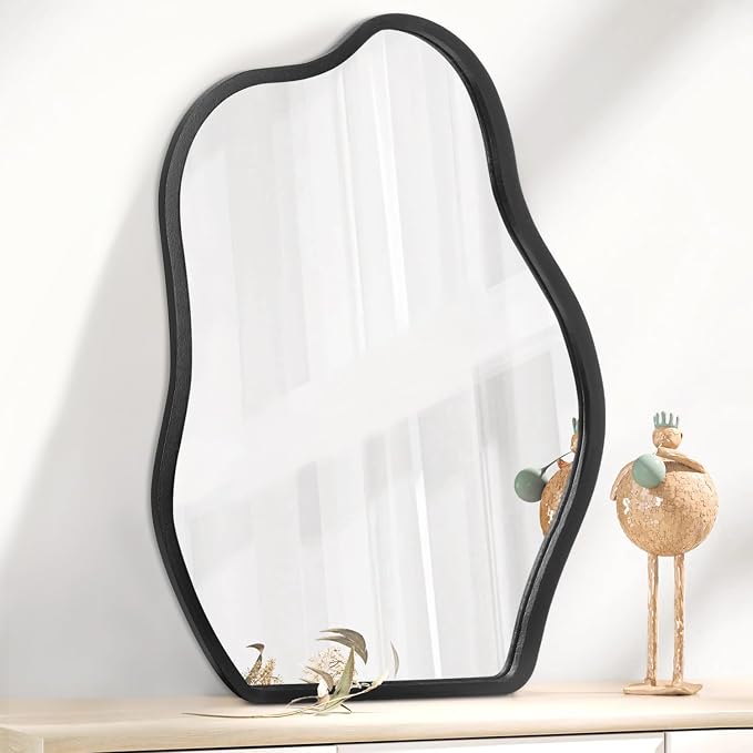Asymmetrical Wall Mirror with Wood Frame Irregular Modern Hanging Mirror for Wall for Vanity Living Room Bedroom Bathroom Entryway Hallway Modern Unique Decorative Artistic Mirror