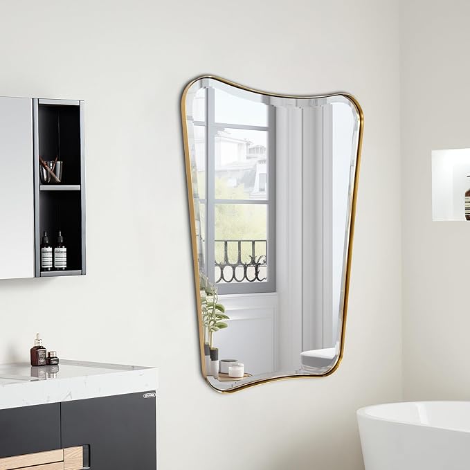 POZINO Brushed Gold Vanity Mirror, 24"x36" Modern Beveled Bathroom Mirror, Irregular Shaped Mirrors in Stainless Steel Frame, Brass Rectangle Wall Mirrors for Bedroom Living Room Entryway