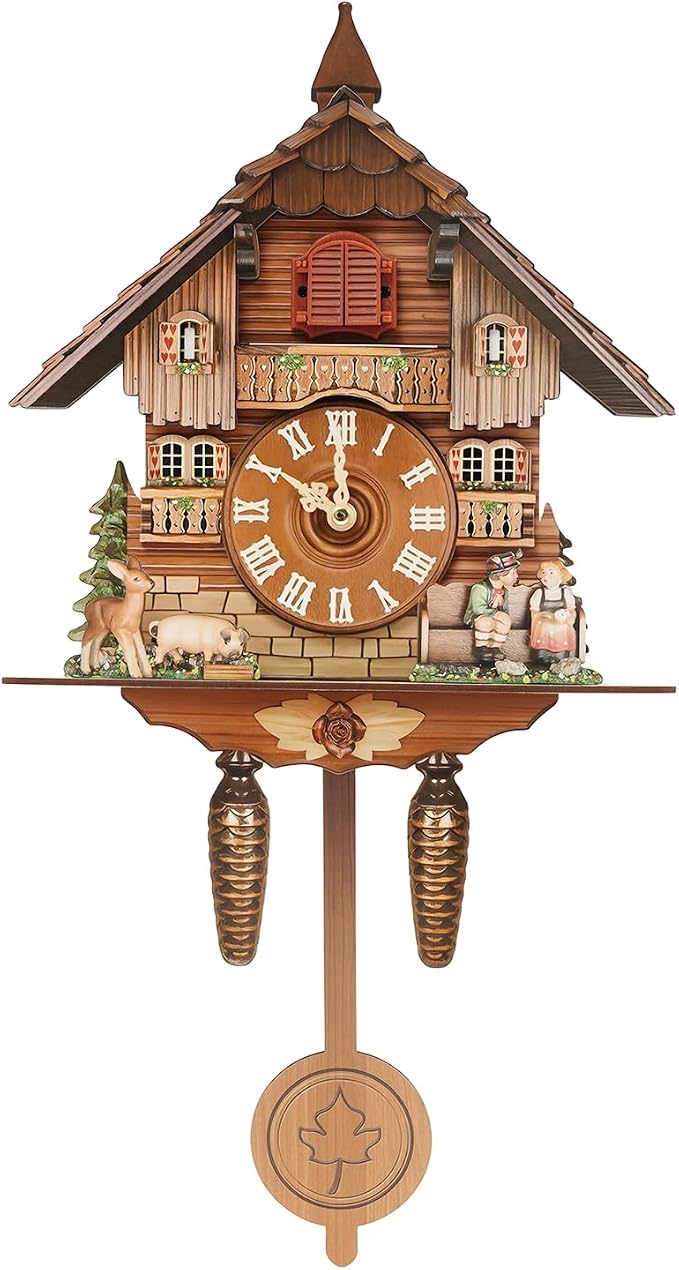 Cuckoo Clock, Retro Wooden Cuckoo Birdhouse Antique Wall Clock Forest Clock Home Decor Auto Swing with Singing Bird Vintage Chalet Design(No Battery) (Type B)
