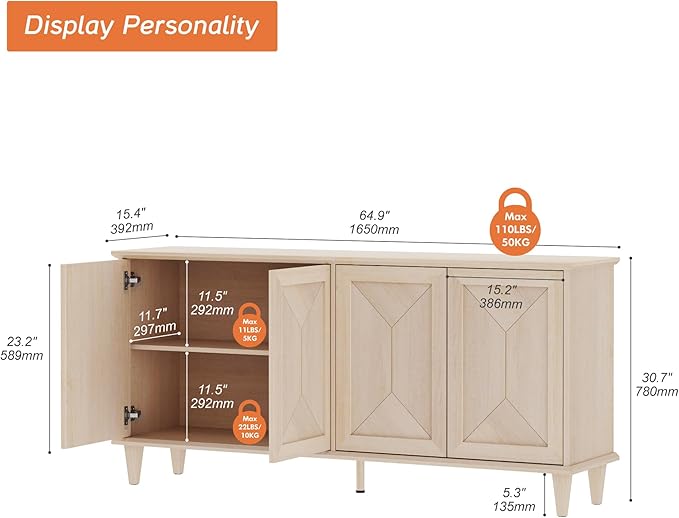 WAMPAT 65-inch Handcrafted Patchwork Decorative Buffet Cabinet with Pop-Up Design Doors,Full Unit Modern Farmhouse Accent Credenza for Coffee Bar, Kitchen, and Living Room, Light Oak