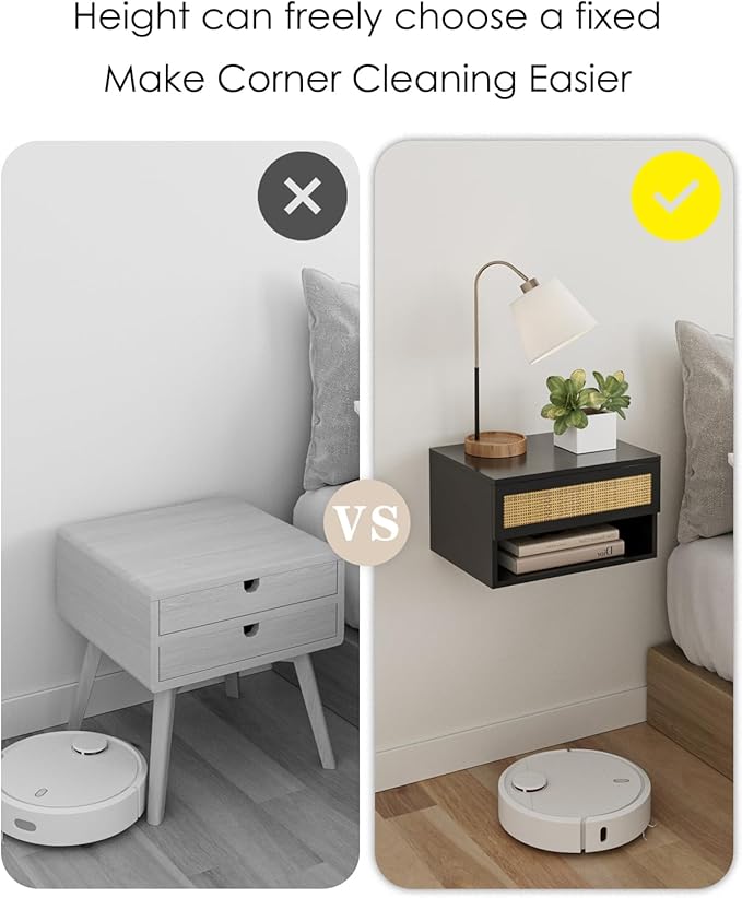 Floating Nightstand With Drawer - Small Modern Shelves for Bedroom, Bathroom (Black Rattan)