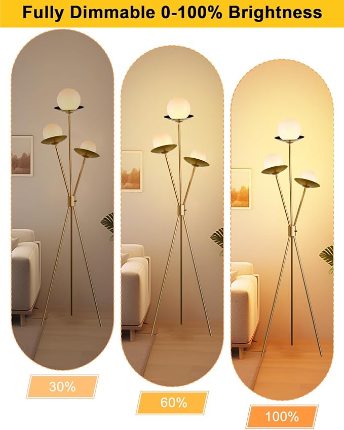 Lightdot Tripod Floor Lamp Dimmable Globe Floor Lamps with 3 LED Bulbs Included, 3000K Soft Warmwhite Mid Century Modern Standing Lamps Gold Tall Lamp for Living Room/Bedroom/Sofa Beside/Corner Decor