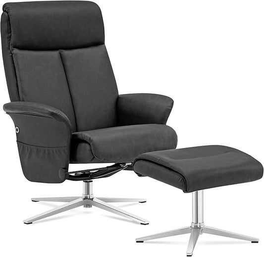 MCombo Swivel Recliner with Ottoman, Modern Heavy-Duty Aluminum Base, Faux Leather Lounge Chair for Small Space, Living Room, or Office 4603 (Dark Grey)
