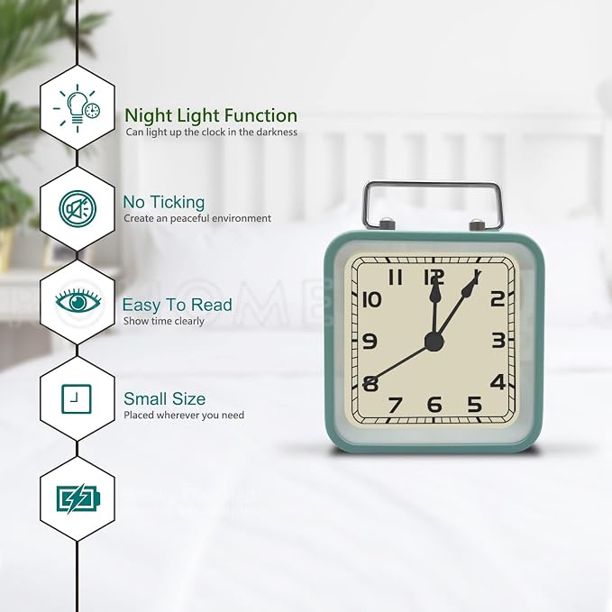 Rohome Small Alarm Clock, Retro Silent Quartz Movement with Night Light, Decorative Vintage Non Ticking Clock for Living Room, Office, Desk, Bedroom, Bedside, Hotel, Shelf, Nightstand (Light Blue)