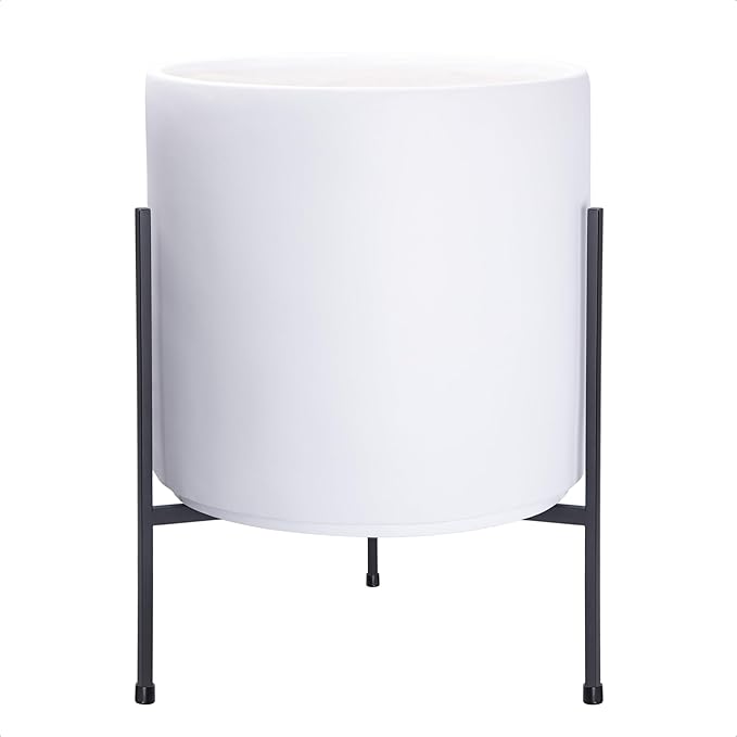 D'vine Dev Modern White Plants Pot Cylinder Planter with Heavy Duty Stand, X-Large 14 Inch Pot, 21 Inch with Stand Height, 96-T-A-4