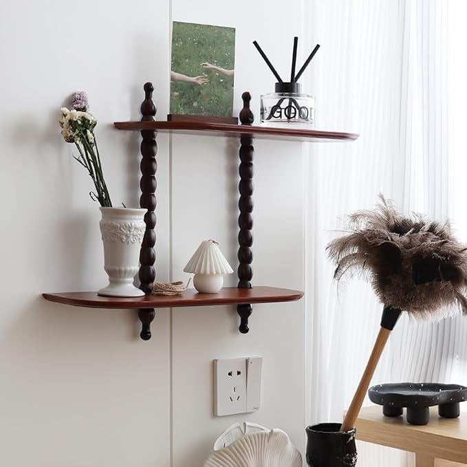 2-Tier Wall Mounted Floating Shelf with Two Roman Columns, Decorative Display Shelf for Entrance, Bathroom, Bedroom, Living Room, Kitchen, Office (Brown)