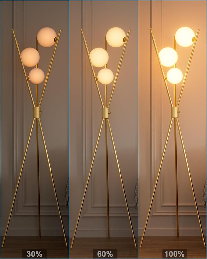 Lightdot Globe Modern Floor Lamp Stepless Dimmable Gold Tripod Standing Lamps with 3PCS 3000K Bulbs Included Stable Based Mid Century Modern Floor Lamp for Living Room/Bedroom/Sofa Beside/Corner Decor