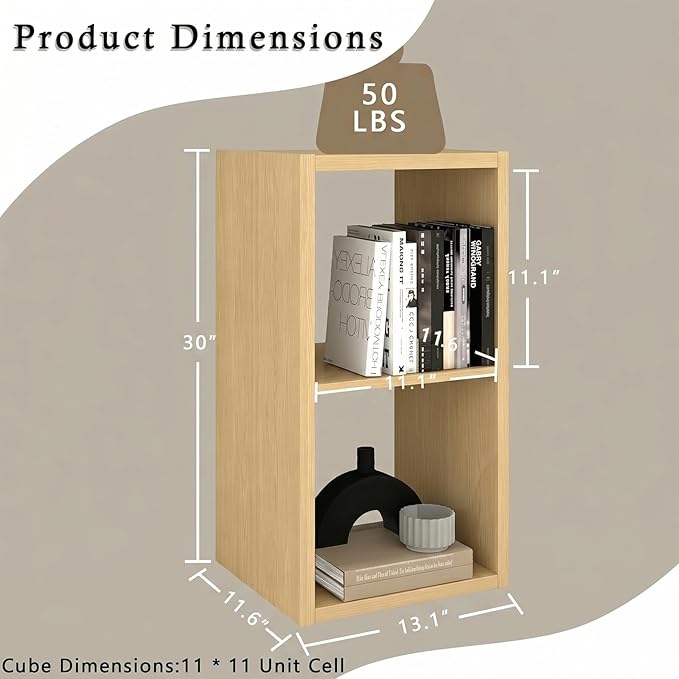Endearing Limons【2026 Wooden Thick Border】 2 Cube Shelf Storage Organizer with Anti-Tipping Kits + Reversible Open Back Bookcase (11 * 11 Unit Cell Oak)
