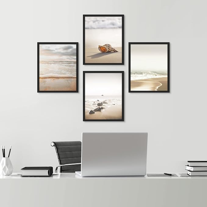 SIGNWIN Framed White Minimal Beach Shore Ocean Sea Seashell Wall Art, Set of 4 Landscape Colorful Wall Decor Prints, Nature Wilderness Wall Décor for Living Room, Bedroom - 12"x16" Black