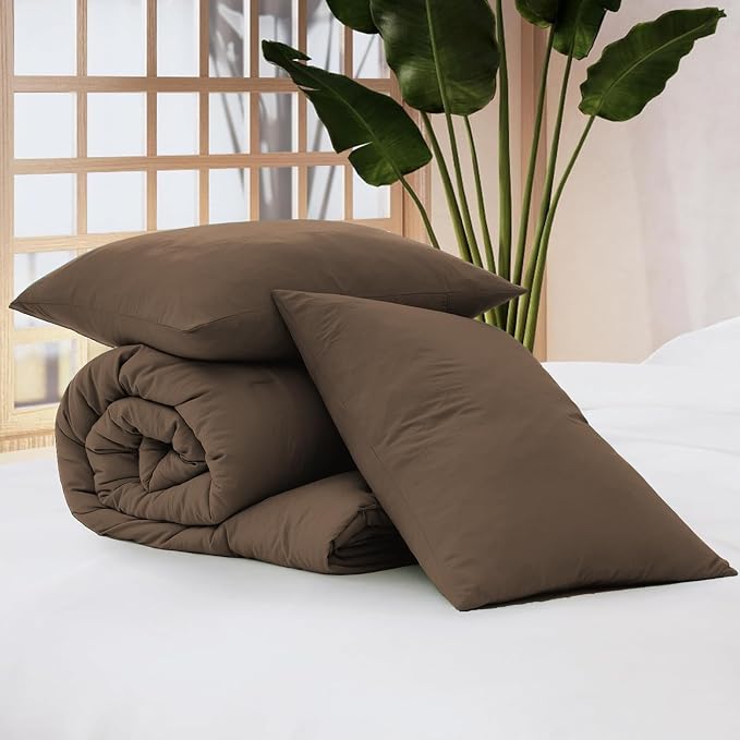 WRENSONGE Full Size Comforter Sets - 3 Pieces Chocolate Brown Comforter Prewashed Soft Lightweight for All Seasons, Fluffy Down Alternative Comforter Full Size with 2 Pillow Shams