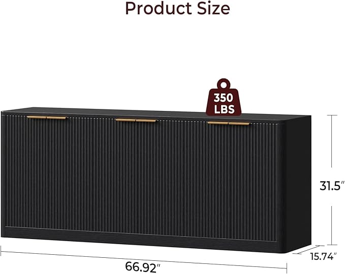 Evermagin 67" Fluted Black Buffet Cabinet Sideboard with Storage, Large Credenza with 6 Doors, Wood Mid Century Modern Sideboard for Kitchen and Living Room (67"*31.5"*15.7")