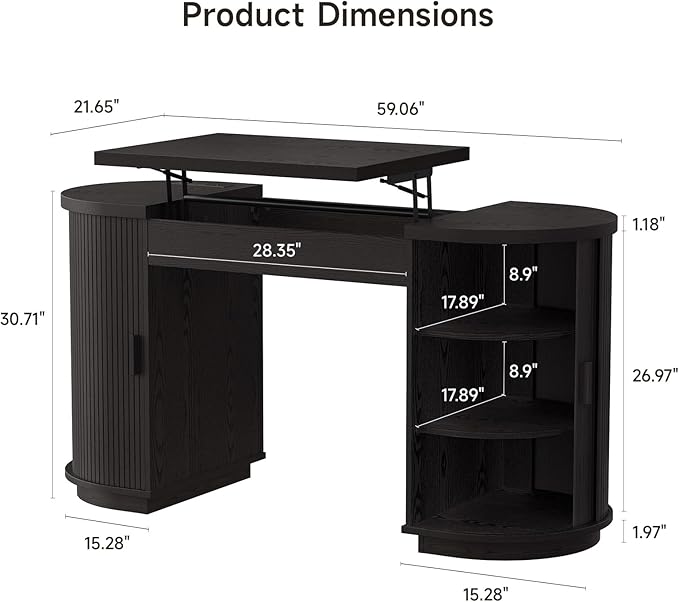 ONBRILL 59 Inches Office Desk with Lift Top, Fluted Executive Desk w/Charging Outlets, Mid-Century Modern Computer Desk with Storage, Curved Study Desk for Work/Study/Writing, Black
