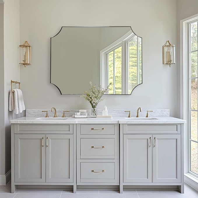 ANDY STAR Brushed Nickel Mirror 30x40 Inch, Scalloped Bathroom Mirror, Silver Bathroom Mirror in Anti-Rust Stainless Steel Metal Thin Frame Deep 1’’, Large Wall-Mounted Mirror (Horizontal/Vertical)